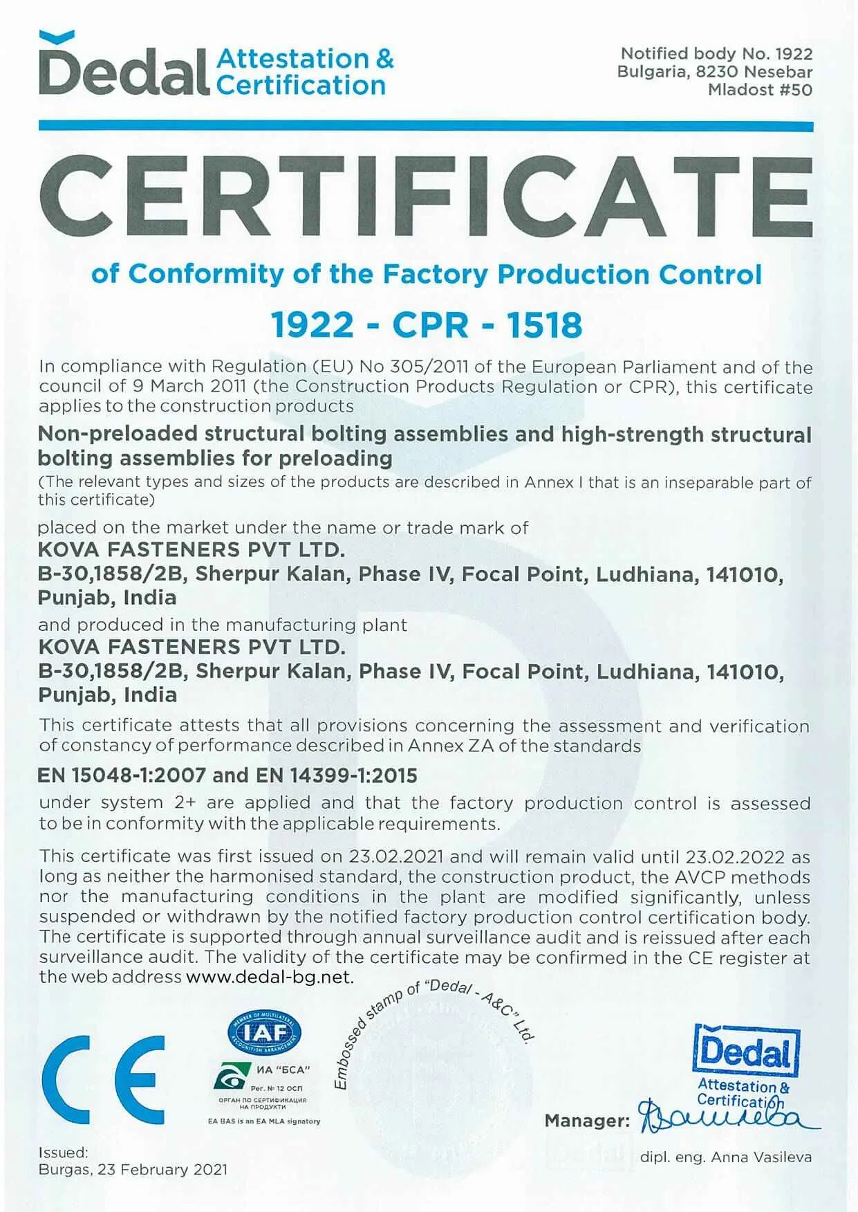CE EN 14399 & 15048 Certificate of European Market Conformity