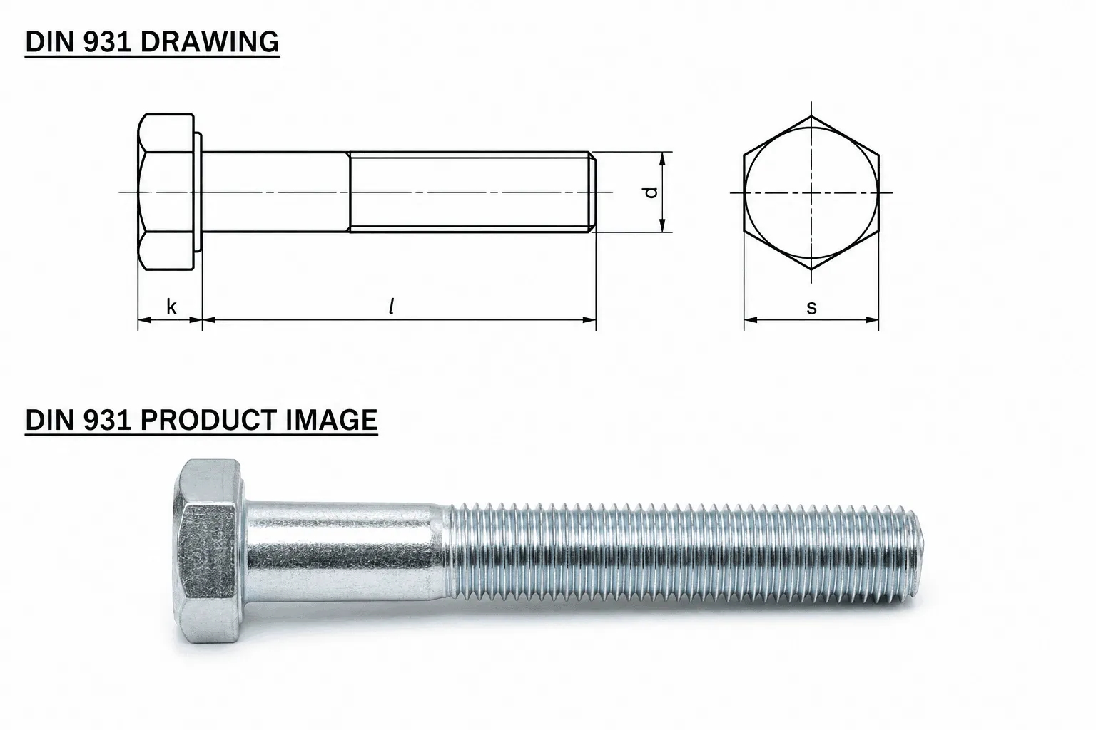 DIN 931 Hexagon Bolt Technical Drawing
