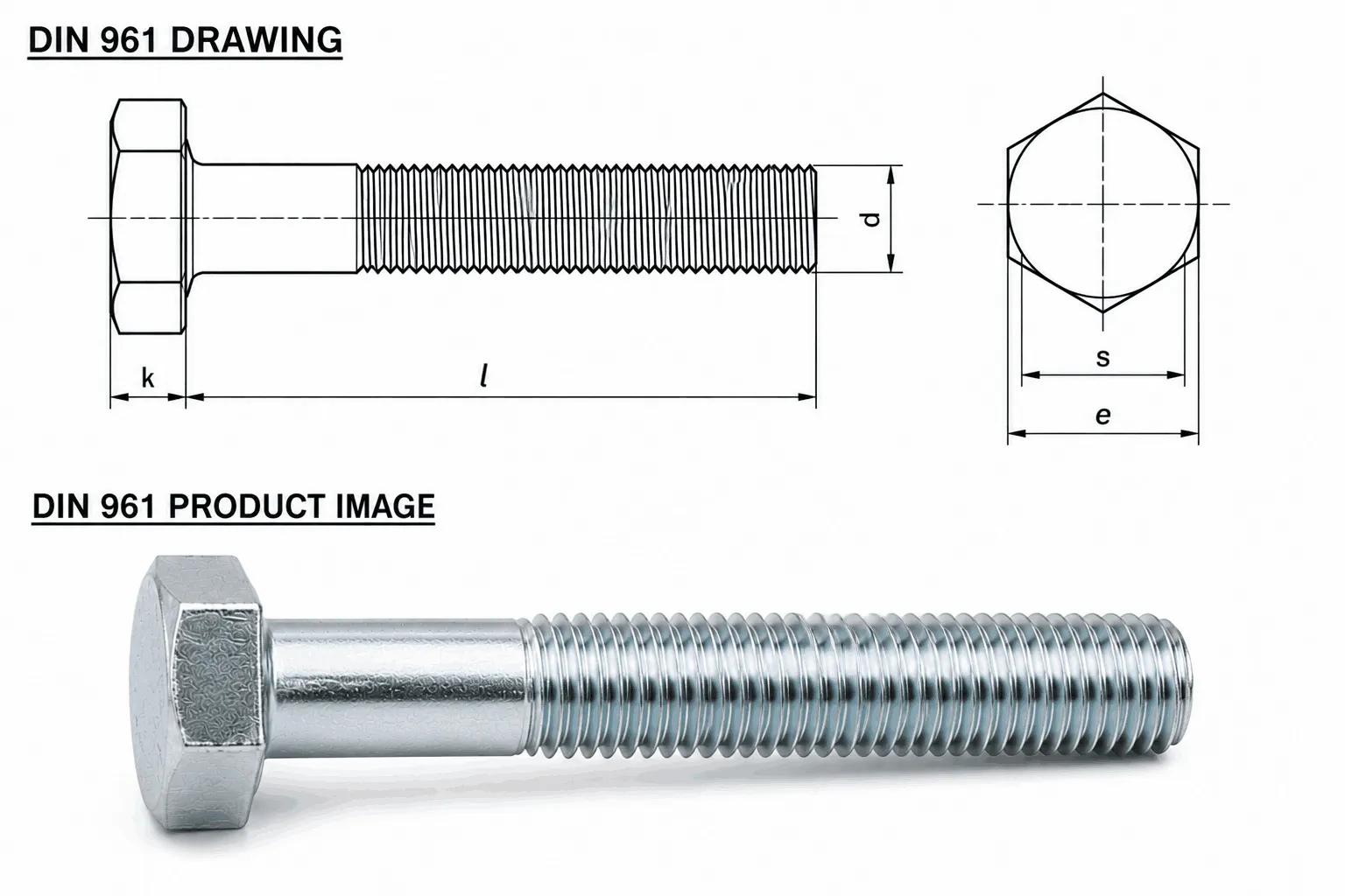 DIN 961 Fine Thread Bolt Blueprint